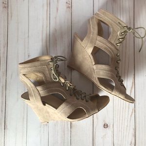 JUSTFAB tan cut-out, lace up wedges size 8